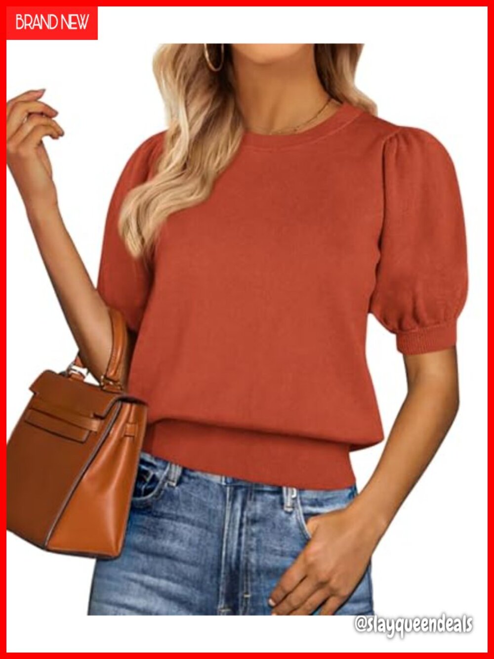 Womens Puff Short Sleeve Sweater Loose Knit Crewneck Pullover